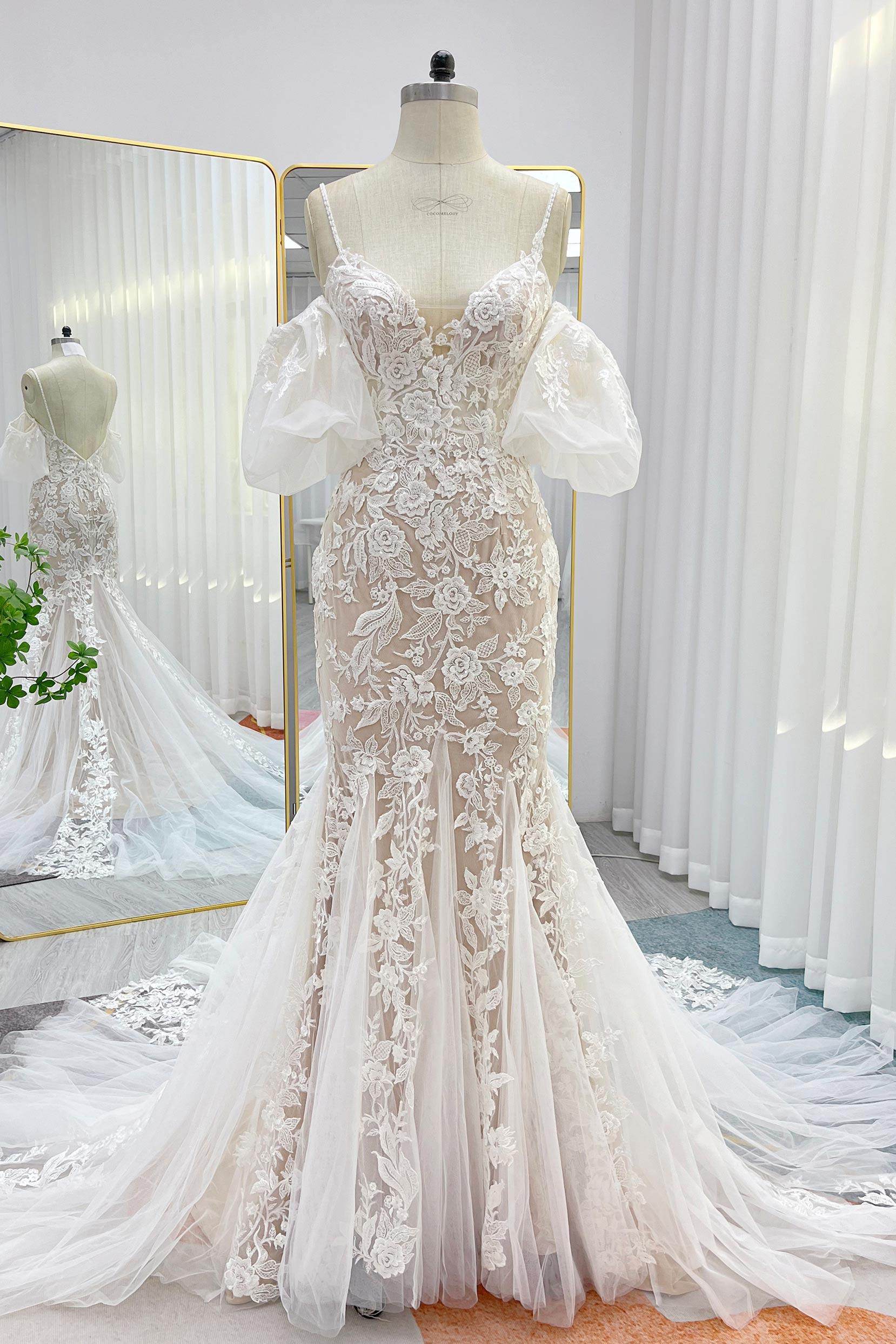 Trumpet-Mermaid Chapel Train Lace Tulle Wedding Dress CW3276 - COCOMELODY
